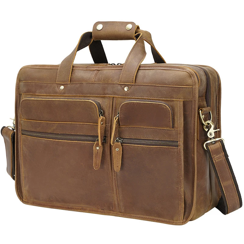 

Hot Sell Drop Shipping In Stock Vintage Light Brown Retro Crazy Horse Cow Leather Messenger Bag Men's Laptop Briefcase