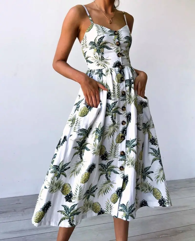 

DB03A20-2 Wholesale Loose Print Suspender Dress V-neck Beach Vacation Midi Sexy Dresses Women Plus Size