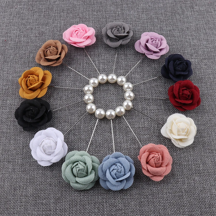 

Men brooch wedding groom boutonniere long needle multicolor white fabric camellia flower lapel pins with pearl for mens suit, Colorful