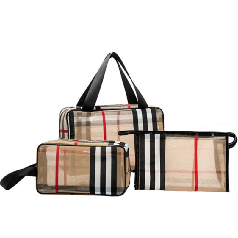 

New Plaid Waterproof Handbag Ladies Mesh Storage Bag Transparent PVC Cosmetic Bag