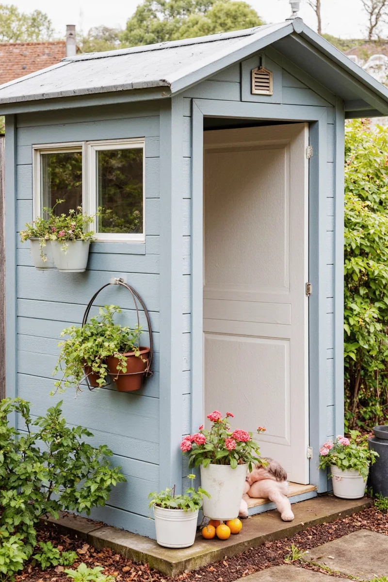 A charming painted small potting shed with solar lights strung above, a pet hammock, and colorful cushions for seating.