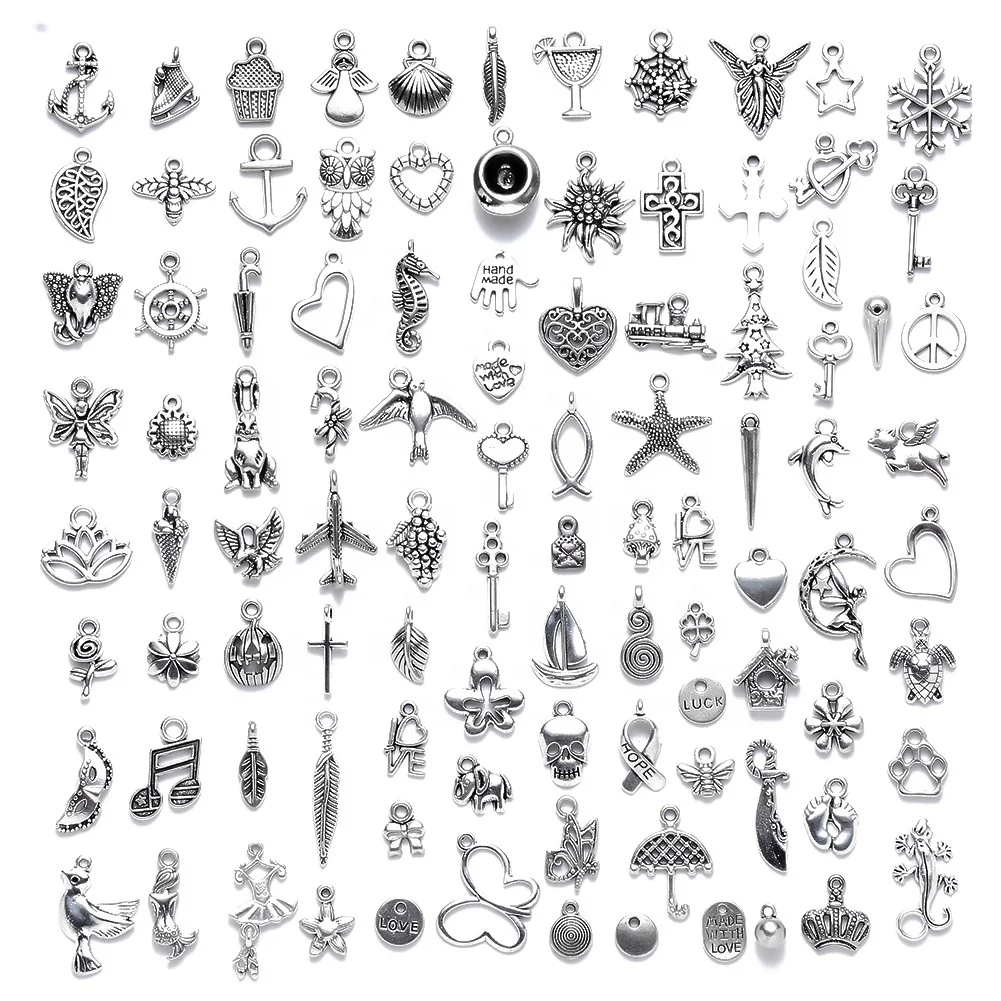 

100 pcs Mixed Leaves crowns umbrellas crosses Pendant Charms Antique Color Leaf Charms Jewelry DIY Charms For Bracelet Making, Silver