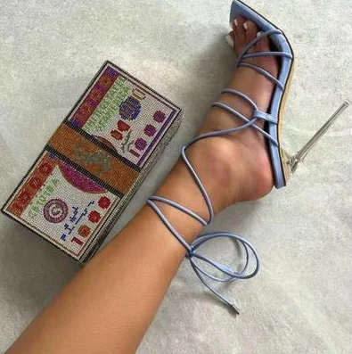 

Fashion trend 2021 strap crystal transparent thin heel lace up high heel sandals