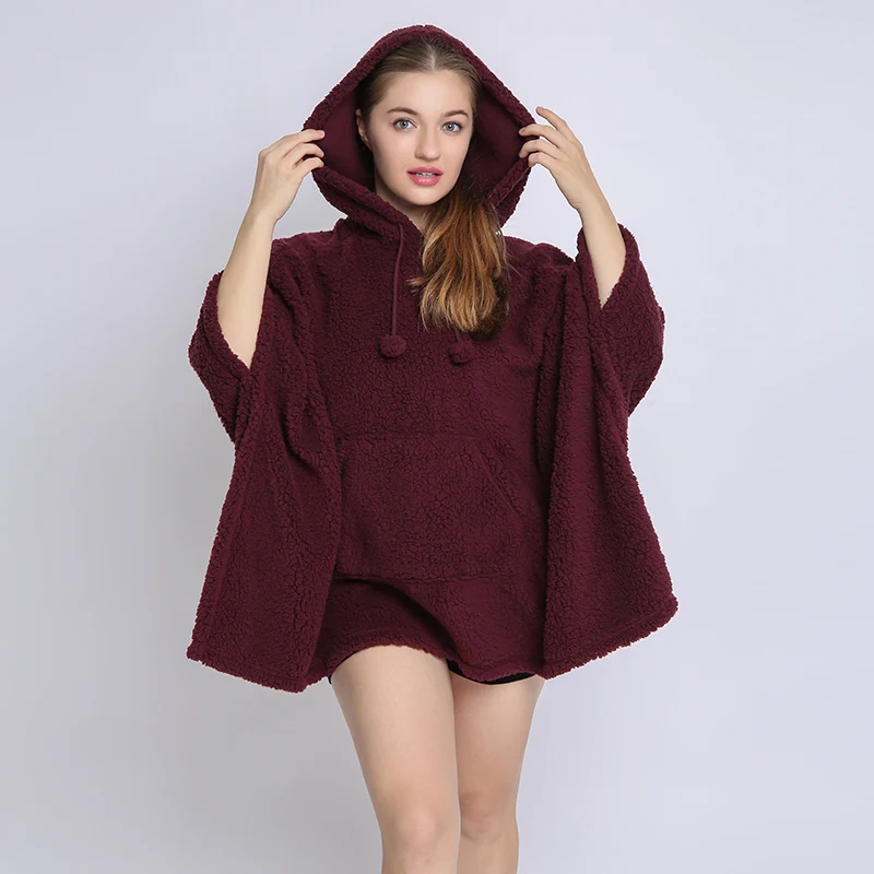 

Sil-U Wholesale oversized winter pocket cloak womens sherpa fleece pullover hoodie, Solid