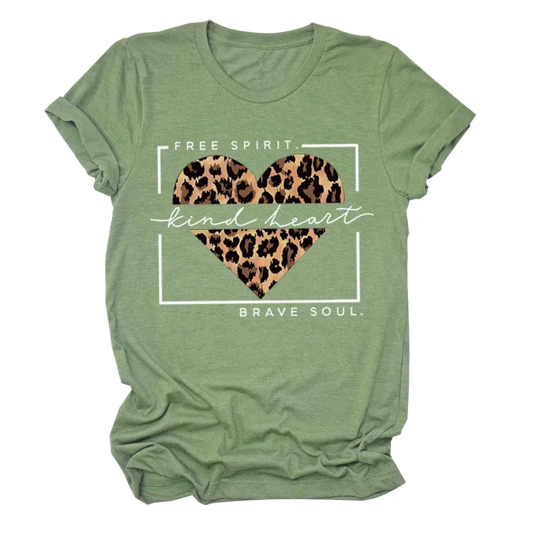 

Women Short Sleeve FREE SPIRIT Leopard Print Kind Heart Graphic T-Shirt, Picture