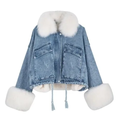 

Winter warm ladies detachable jean parka jacket plus size women denim fur jacket, Picture