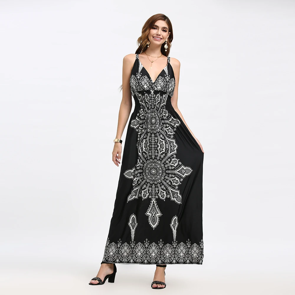 

2021 New Summer Women Dress Backless Bohemia Beach Fashion Women Wear ceramic flower vestidos clasicos elegante ladies dress, Customized color