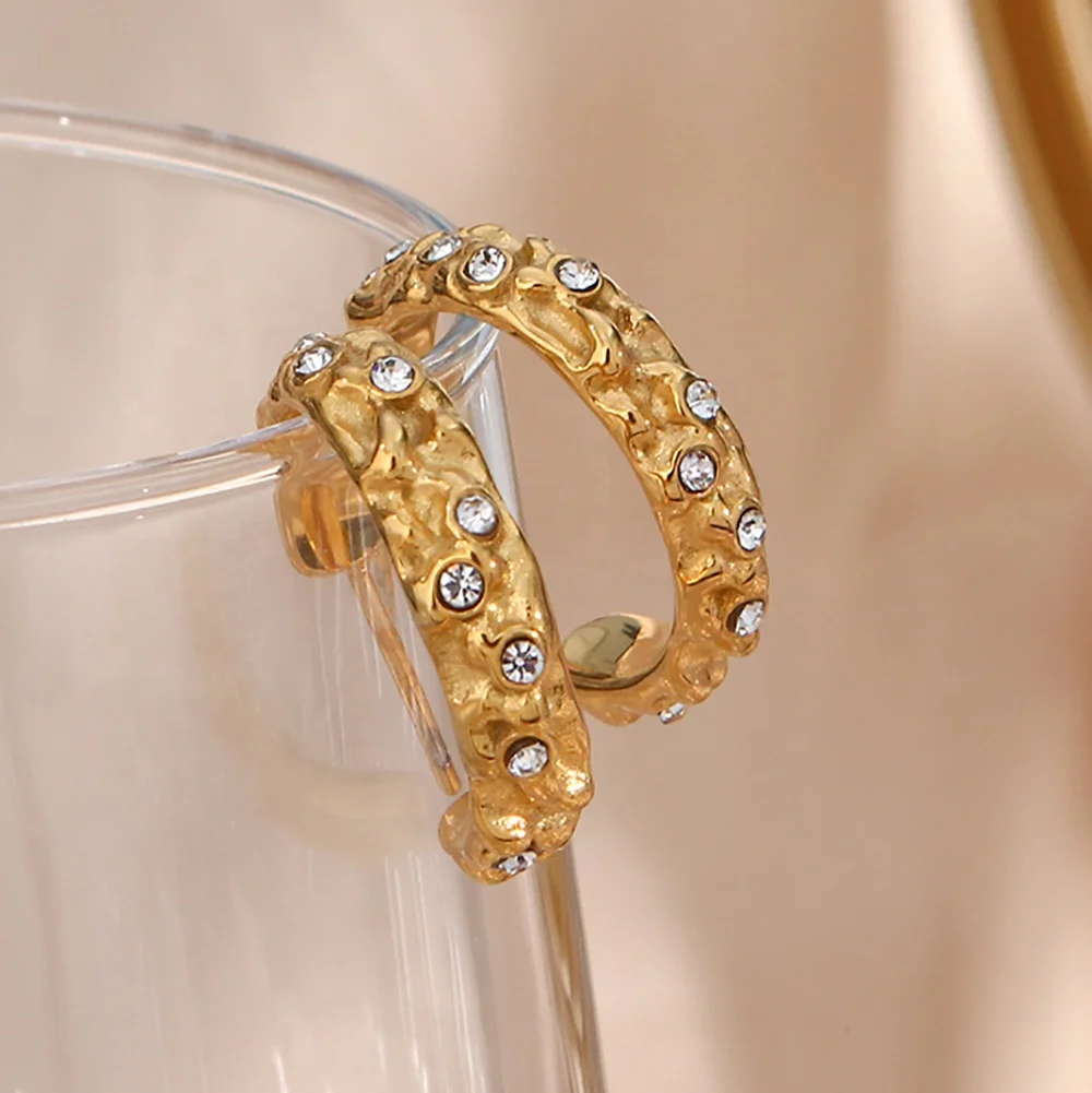 

Vintage Hammered Texture 18K Gold Plated Zircon Hoop Earring Tarnish Free Stainless Steel Earrings Women Jewelry