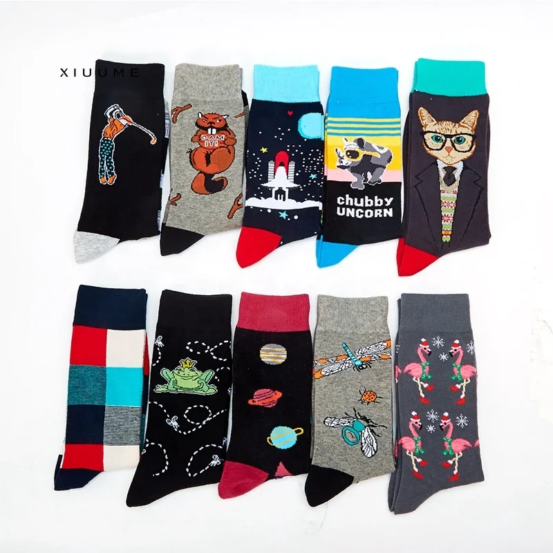 

Hotsale fashion colorful combed cotton cute cat cartoon space star funny socks men wholesale