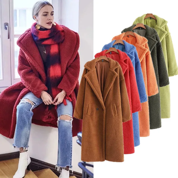 

16 Colors High Quality Warm Winter Women Faux Sheep Fur Wool Long Teddy Bear Coat, Customized color