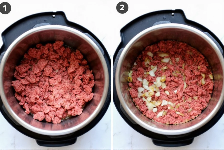 Step-by-step visual guide showing ground beef browning in Instant Pot with diced onions and garlic