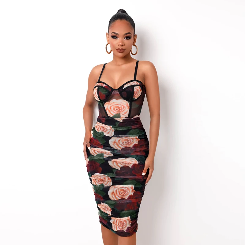 

Floral Print Removable Strap Sleeveless Dress Slim Midi Party Bodycon Women Clothes 2020 Ladies Club Evening Dress, Customized color