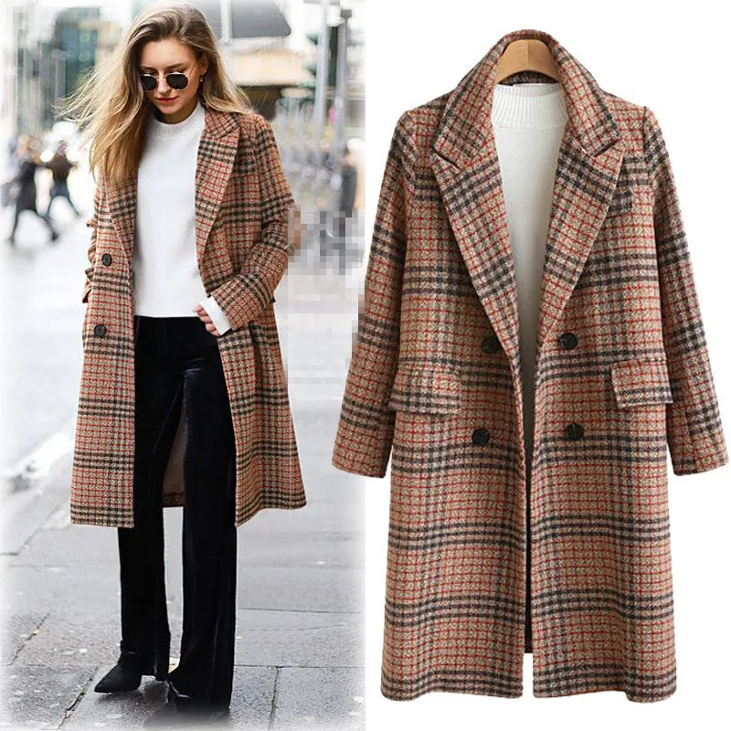 

Autumn and winter new fashion plus size women's coat Plaid long coat women's tweed coat