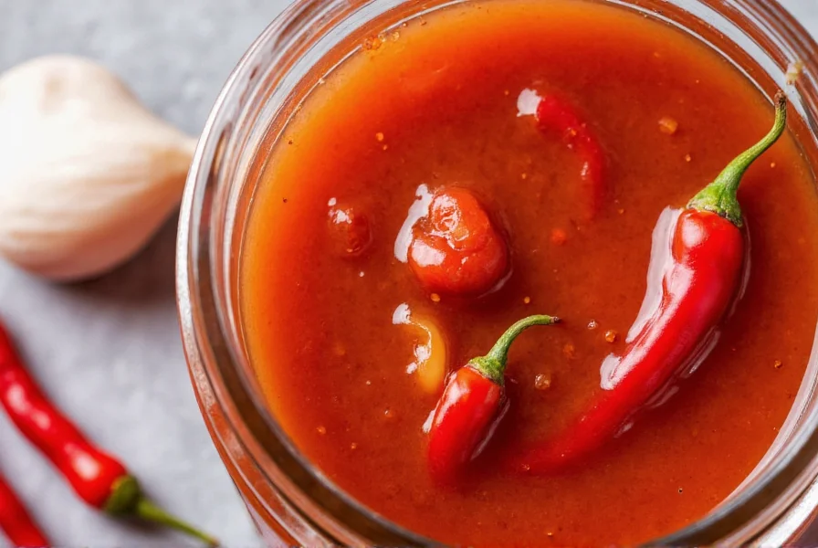 Close-up of homemade garlic chili sauce in glass jar with fresh garlic cloves and red chilies