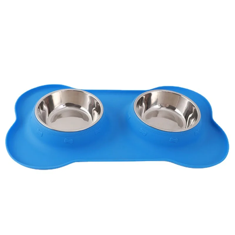 

Factory Pet Bowl Dog Water Feed Bowl Silicone Mat with Double Stainless Steel Pet Bowl, Blue