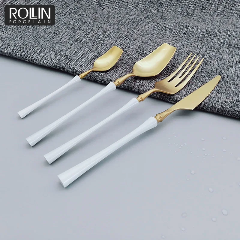 

Flatware White With Gold Cutlery White Handle With Gold Spoon Fork Knife, Stainless steel