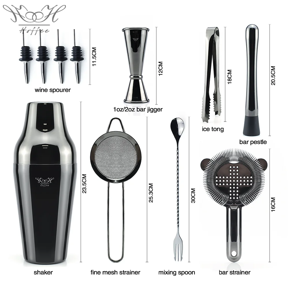 
New Arrival Luxury 11pcs Stainless Steel Gun Black Electroplating Bartender Cocktail Shaker Bar Set With Stand 