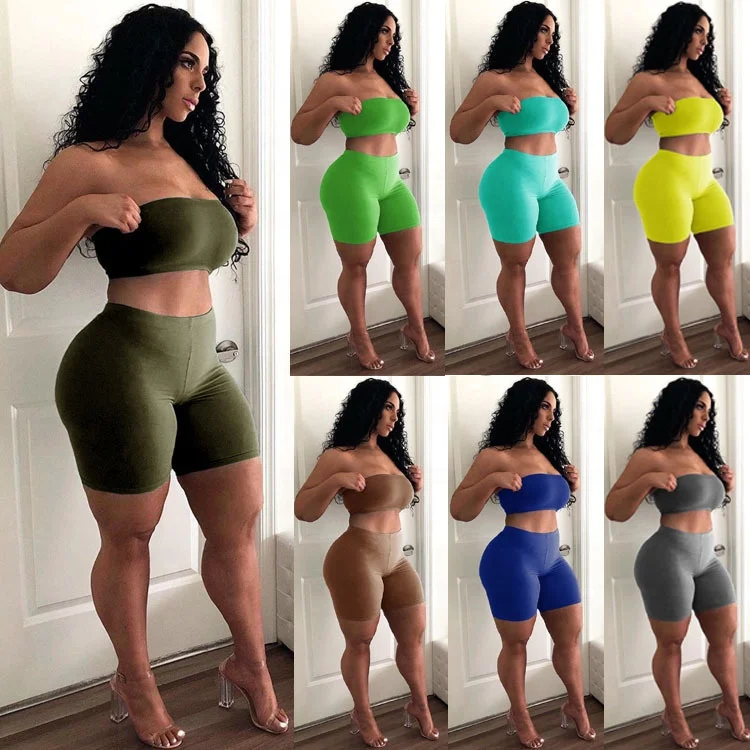 

Womens' two pieces booty biker shorts tube top set casual 2 piece set booty biker corped top women 2020, Shown