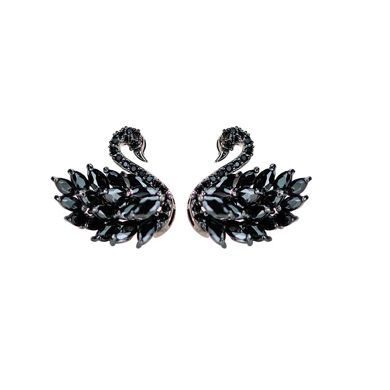 

Crystal Rhinestone Black Swan Earrings s925 Sterling Silver Needle Fashion Long Earrings, As picture