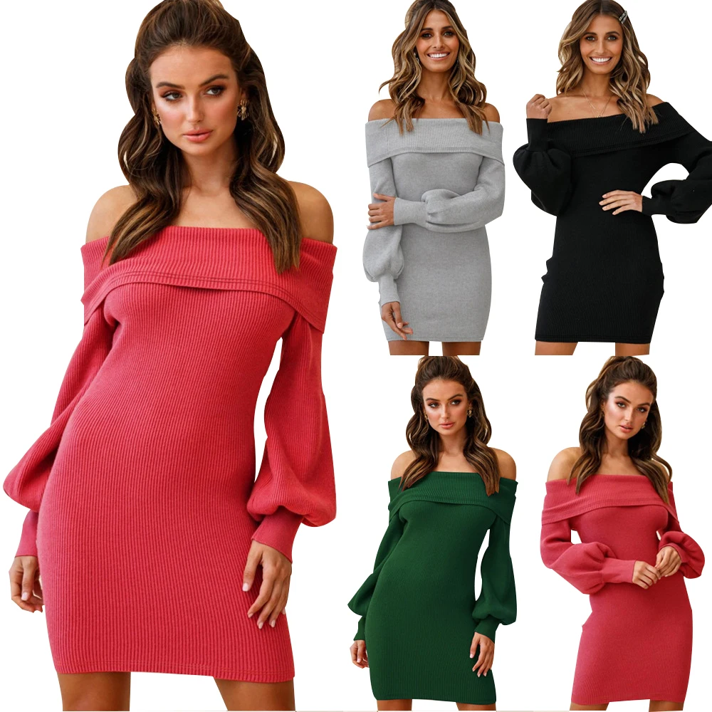 

Sexy hip wrap Knit Skirt off shoulder Lantern Sleeve Dress New rib dress in autumn and winter, Customized color