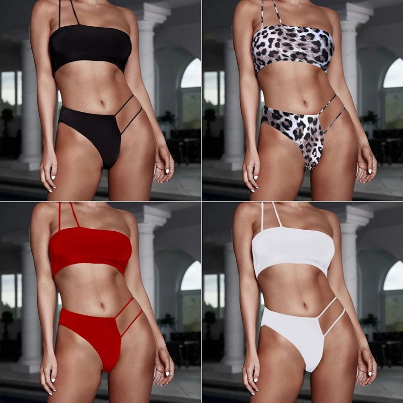 New Women Girls Single Shoulder Strap Hollow Out Sexy Triangle Irregular Solid Two-piece Suit Swimwear Beach Swimming Bikini