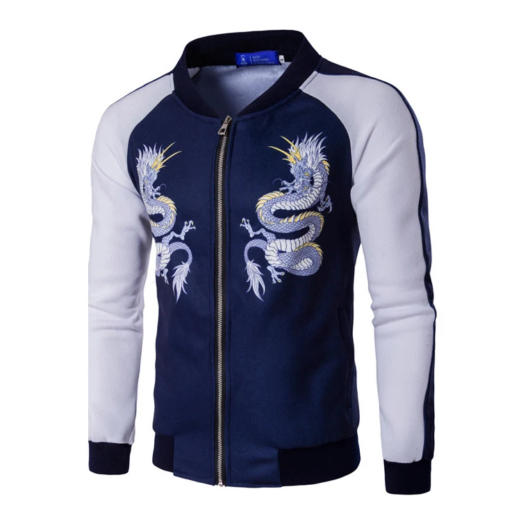 

Wholesale cotton polyester stand collar front dragon embroidery men baseball bomber jacket, Navy