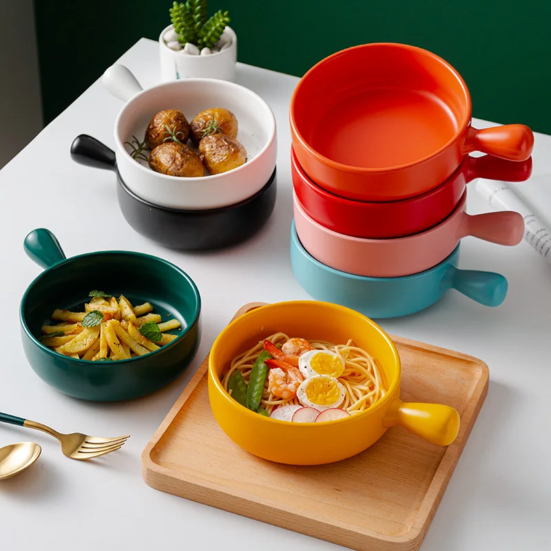 

Ywbeyond Single Handle Ceramic Baking Bowl Household Tableware Instant Noodle Bowl Breakfast Salad Bowl, White,green, yellow, pink, blue etc.