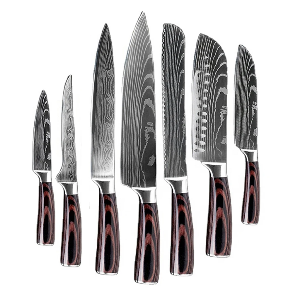 

Amazon Best Seller Kitchen Knife Set Damascus Pattern 8 inch Chef Knife Santoku Bread Paring Knife