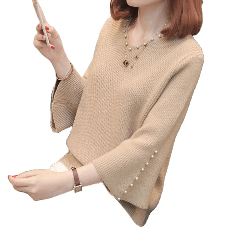 

2019 new arrival V neck flare sleeve pearl beading office lady custom fit woman sweater, Grey;deep grey;navy;bordeaux