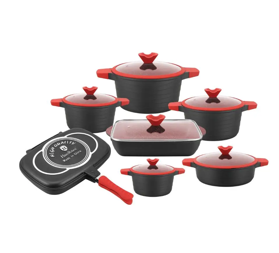 

die casting aluminum non stick cookware set casserole shallow pot with grill frying pan in stock induction bottom