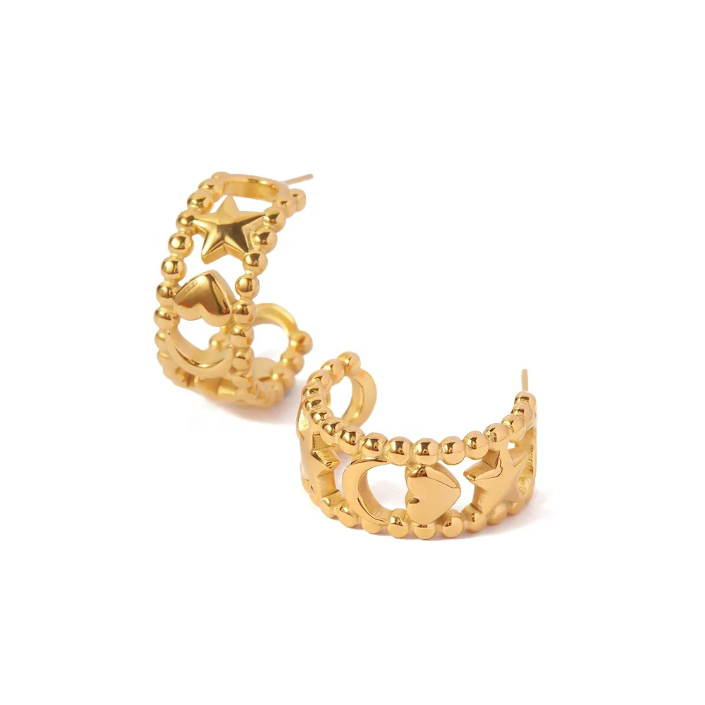 

Minimalist Star Moon Heart Design Hollowed Beads18k Gold Plated Stainless Steel Hoop Earrings Women