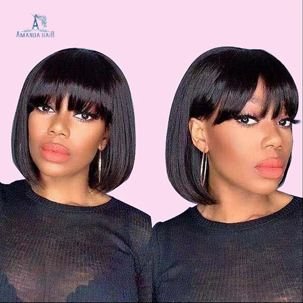 

Free Sample Brazilian Virgin Remy Human Hair Silky Straight Natural Black Short Bob Wigs with Bangs for Black Women