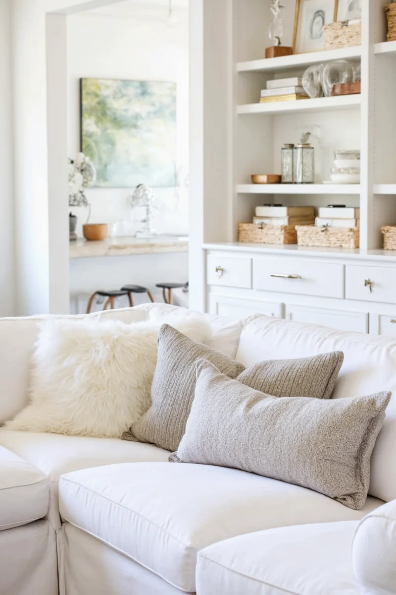 White couch with outdoor fabric pillows