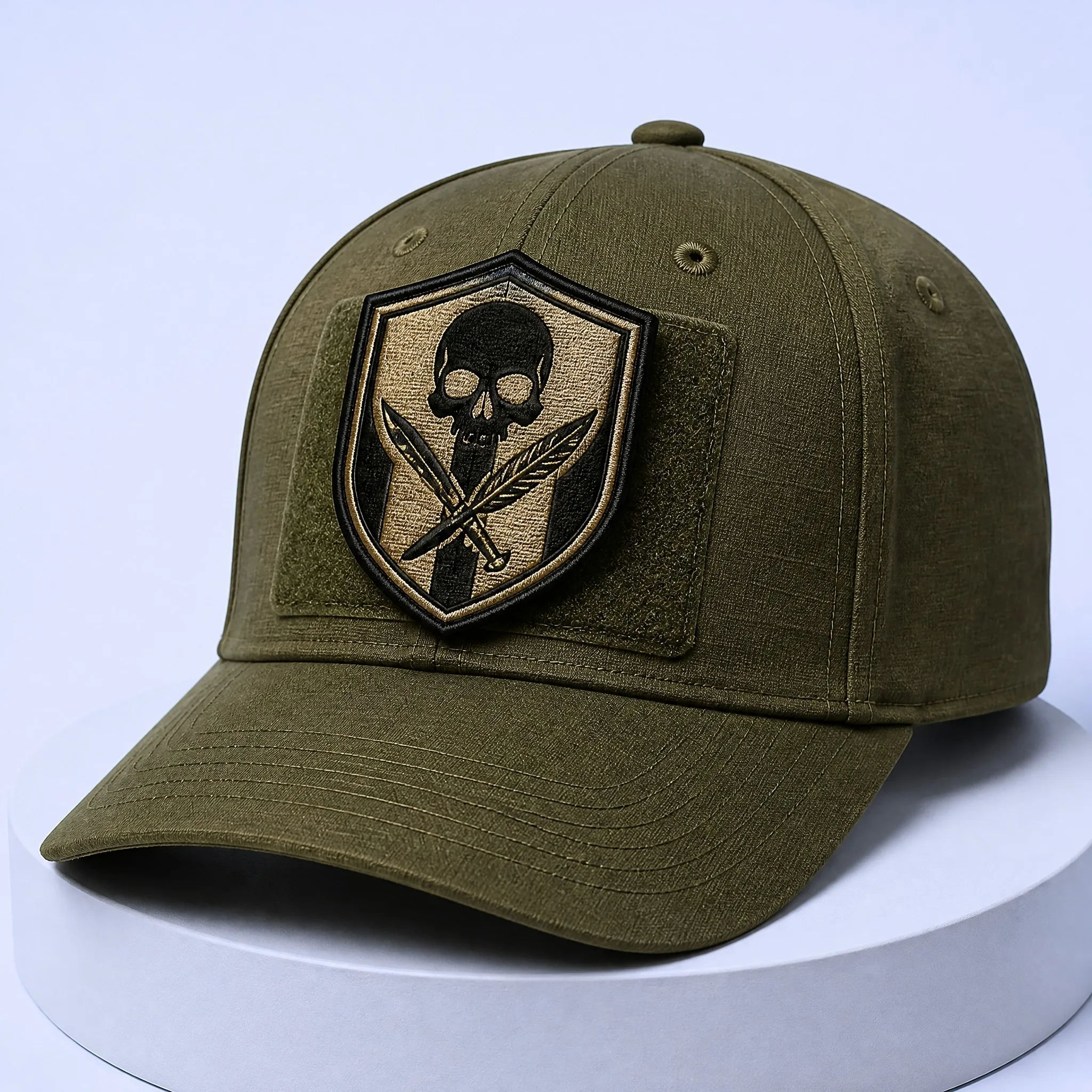 Tactical Olive Drab Green Operator Baseball Cap with Skull Shield and Crossed Daggers Embroidered Patch on Front Loop Panel