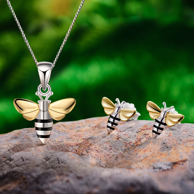 

Fashion Jewelry Sets 18K Gold Plated 925 Silver Honey Bee Unique Design Pendants Necklace Rings Earrings For Women Wedding