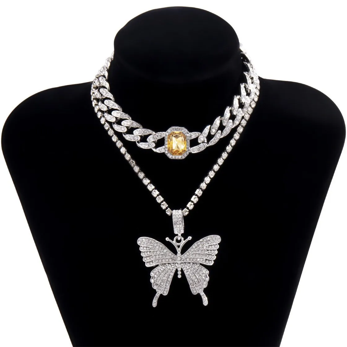 

Yulaili 2021 Hot Sell Woman's Hip-Hop Style Cuban Butterfly 2pc Necklaces Silver Crystal Cuban Chain Butterfly Pendant Necklace