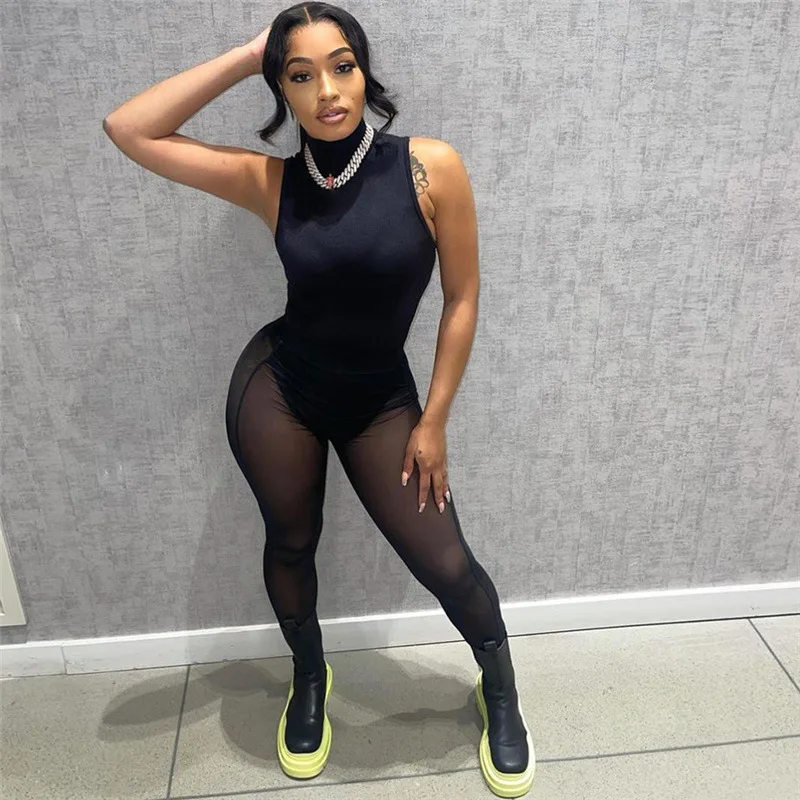 

2022 trendy style sexy mesh sleeveless bodysuit slim fit women matching 2 piece pants set