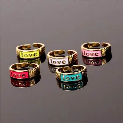 

LOVE letter ring red drop oil wedding engagement ring English element copper opening adjustment ring