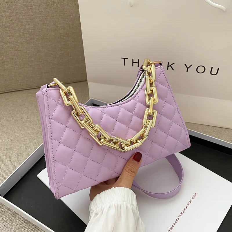 

Luxury Armpit Bag Designer Lady Handbag Thick Chain Thread Pattern Cheap Casual Portable Lattice Pu Shoulder Underarm Bag, Picture