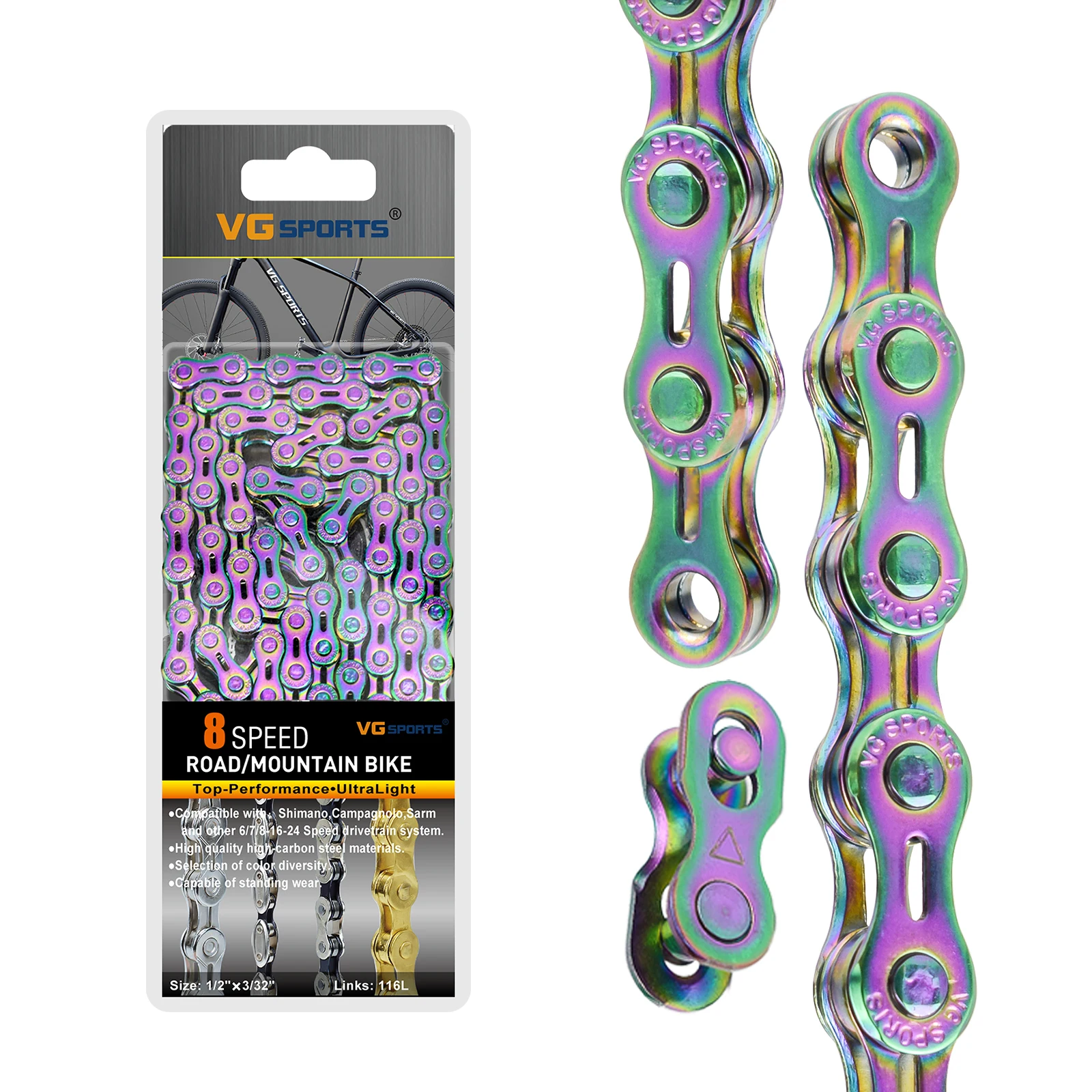 

VG Sports 6 7 8 Speed Half Hollow Bicycle Chain for MTB Mountain Road Bike Parts, Silver,gold,rainbow,gold silver,titanium gold