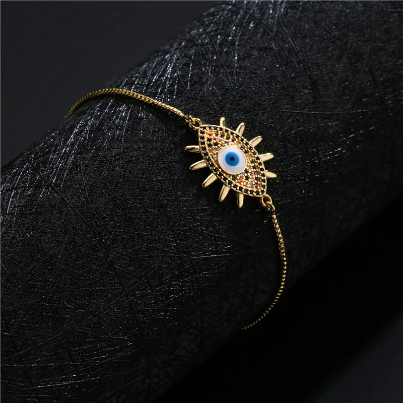 

Fashion Design 18K Real Gold Plated Colorful Crystal Turkish Blue Eye Bracelets Adjustable Micro Pave CZ Evil Eyes Bracelet
