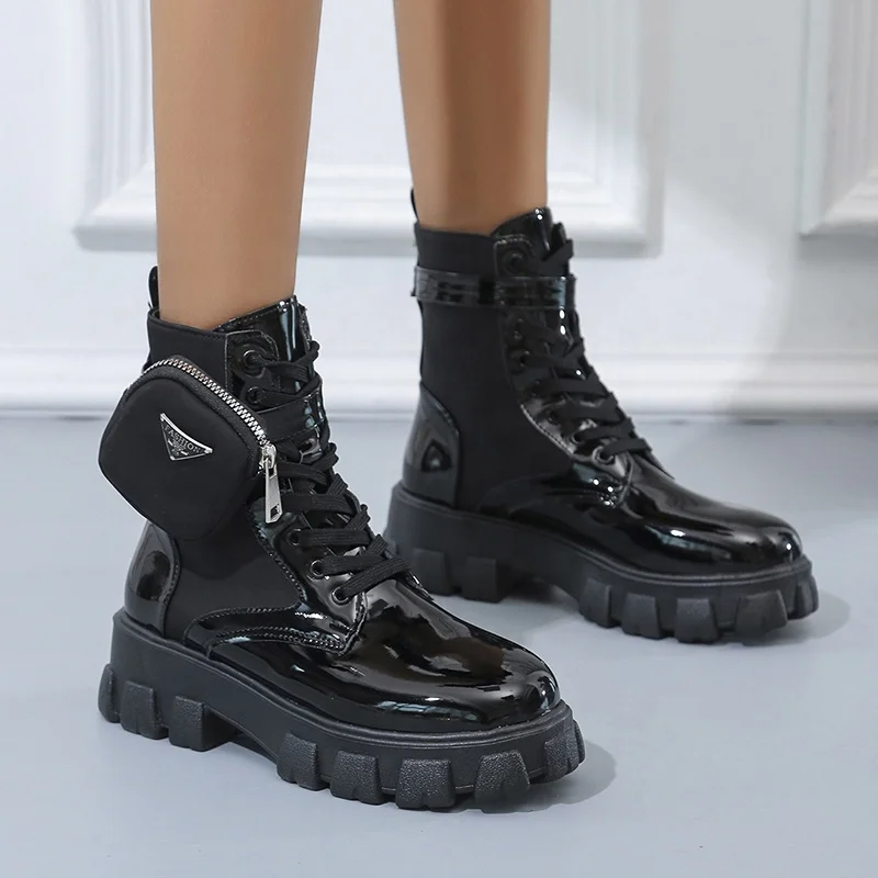 

Chunky Heel Motorcycle Bike Sports Ankle Boots With Matching Purse For Women, Black, white