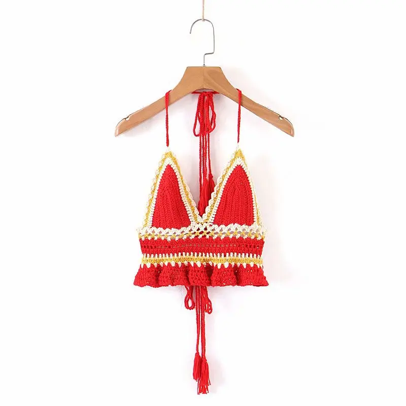 

2021 New Arrivals Women Handmade Crochet Halter Top Shirt Vest Hot Sale Red Color Backless Tassel Bandage Knitting Crop Top
