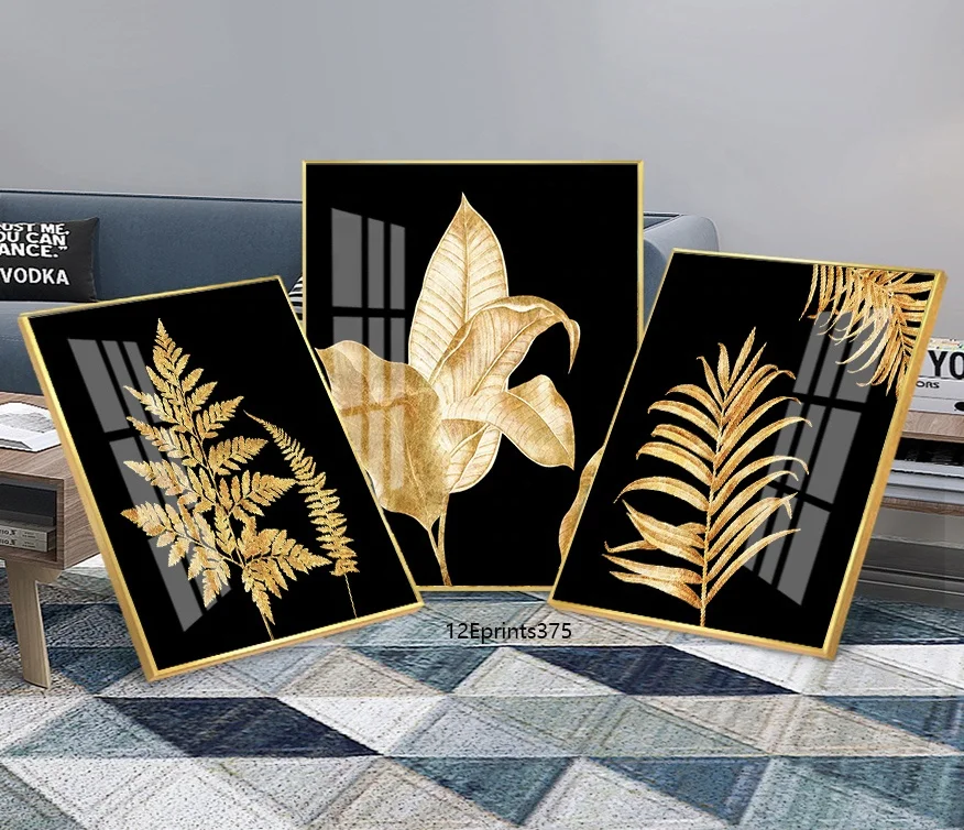 

Abstract Art Hotel Prints 3pcs Golden Leaf Wall Crystal Porcelain Painting