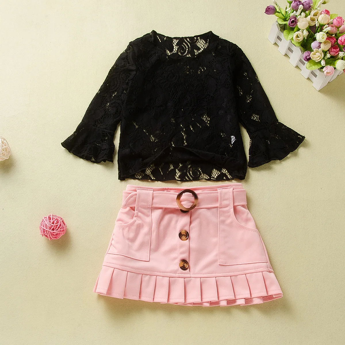 

2020 hot new design New Children Hollow black Lace Top Bag Hip Short Skirt Girls Pink Clothes Set