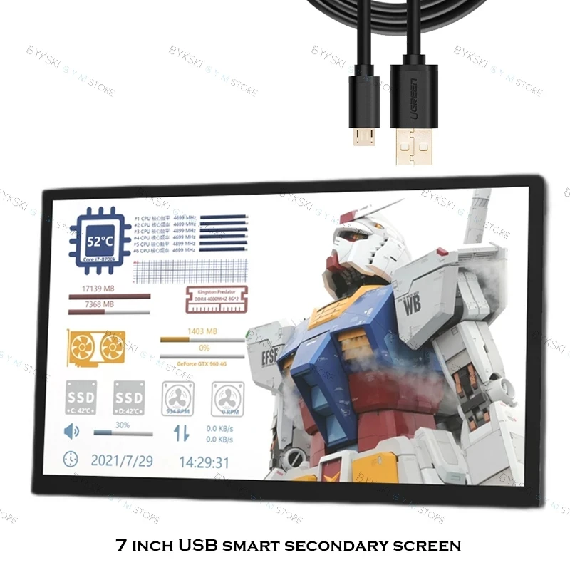 

LCD HD Display 7 Inch IPS PC Monitor 1024X600 USB TYPE-C Gaming Monitor Smart PC Secondary Screen Softwre Or Aida64 Contro