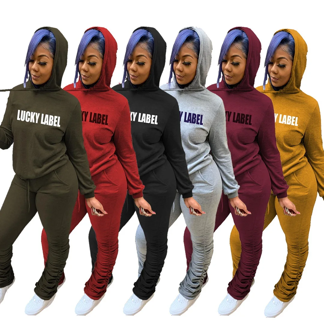 

Two Pieces Hoodie Set Stacked Sweatpants Sets With Hoodie Women Casual Stack Pants With Lucky Label, 6color