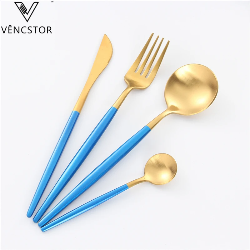 

18/10 Luxury Hotel Matte Color Blue Handle Flatware Gold Cutlery For Spoons Forks Knives, Blue gold
