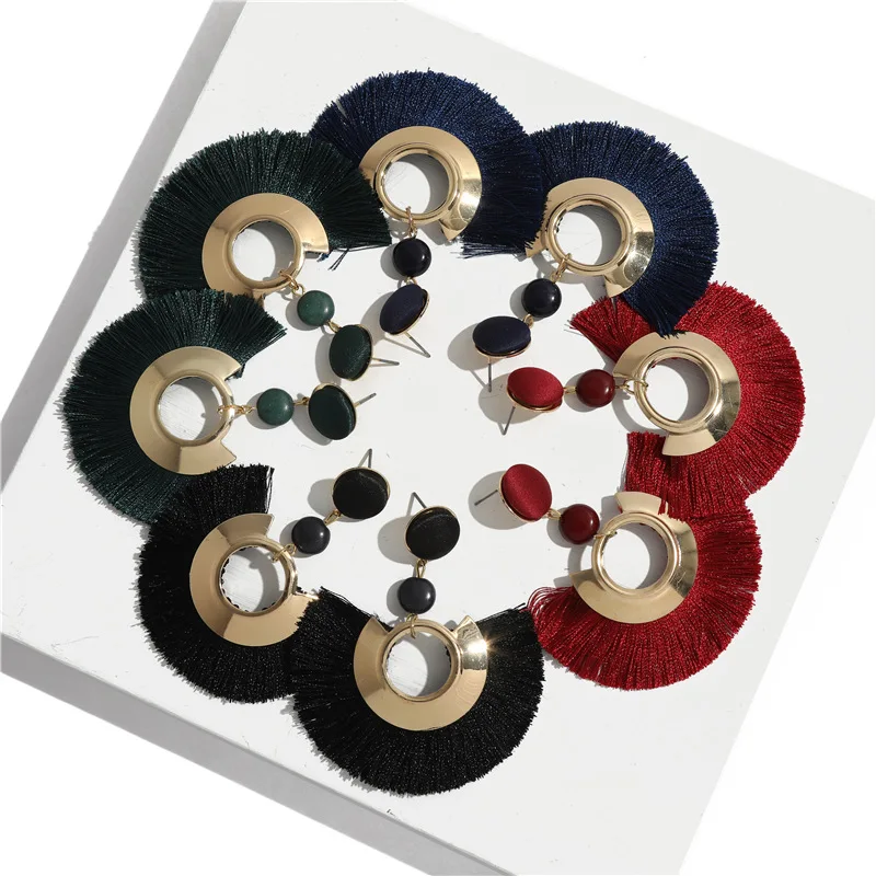 

Fashion Exaggerated Gold Rose flower Metal Long Fan Tassel Drop Earrings For Women, As pic