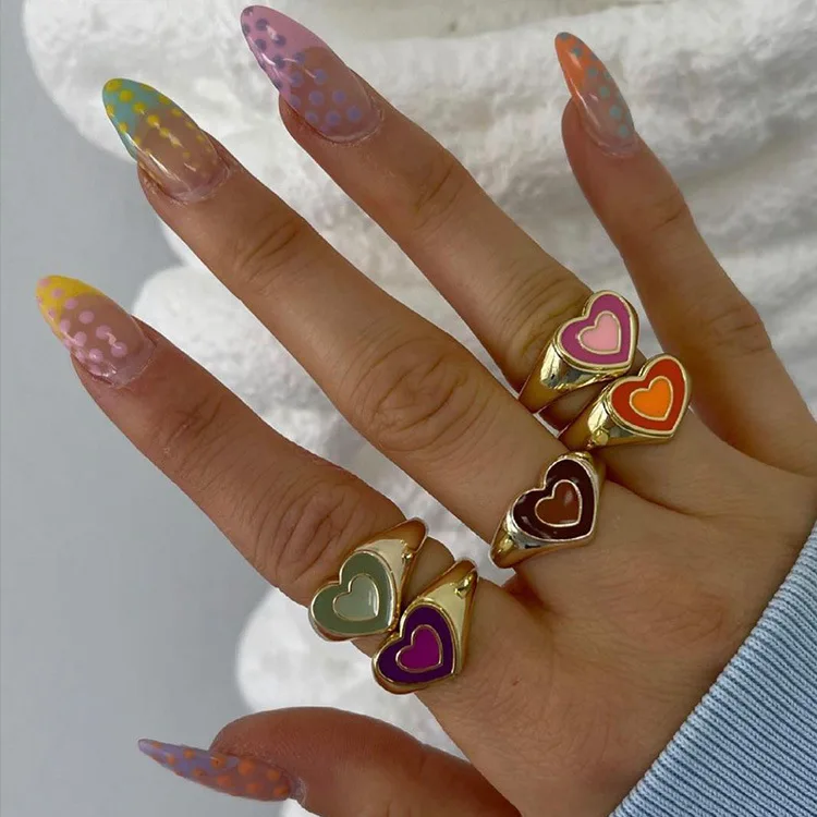 

Fashion High Quality Wholesale Colourful Silver Gold Oil Drip Heart Ring Open Ring Women